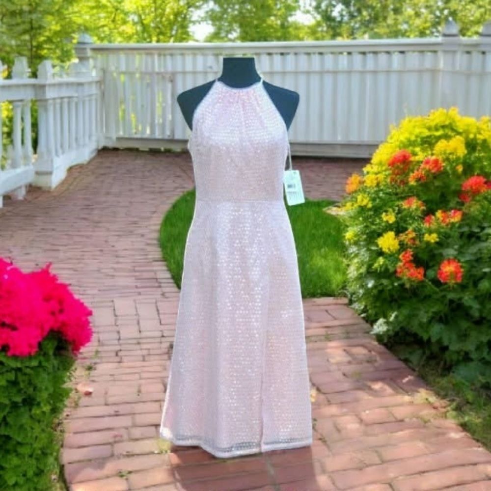 Aidan Mattox Sequined Rose Quartz Halter Midi Dress New with Tags